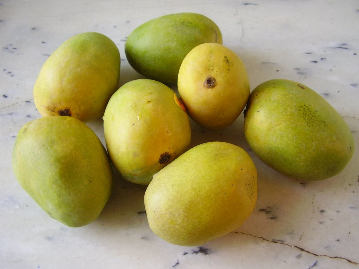 A group of compact green and yellow Anwar Ratol mangoes on a pale surface