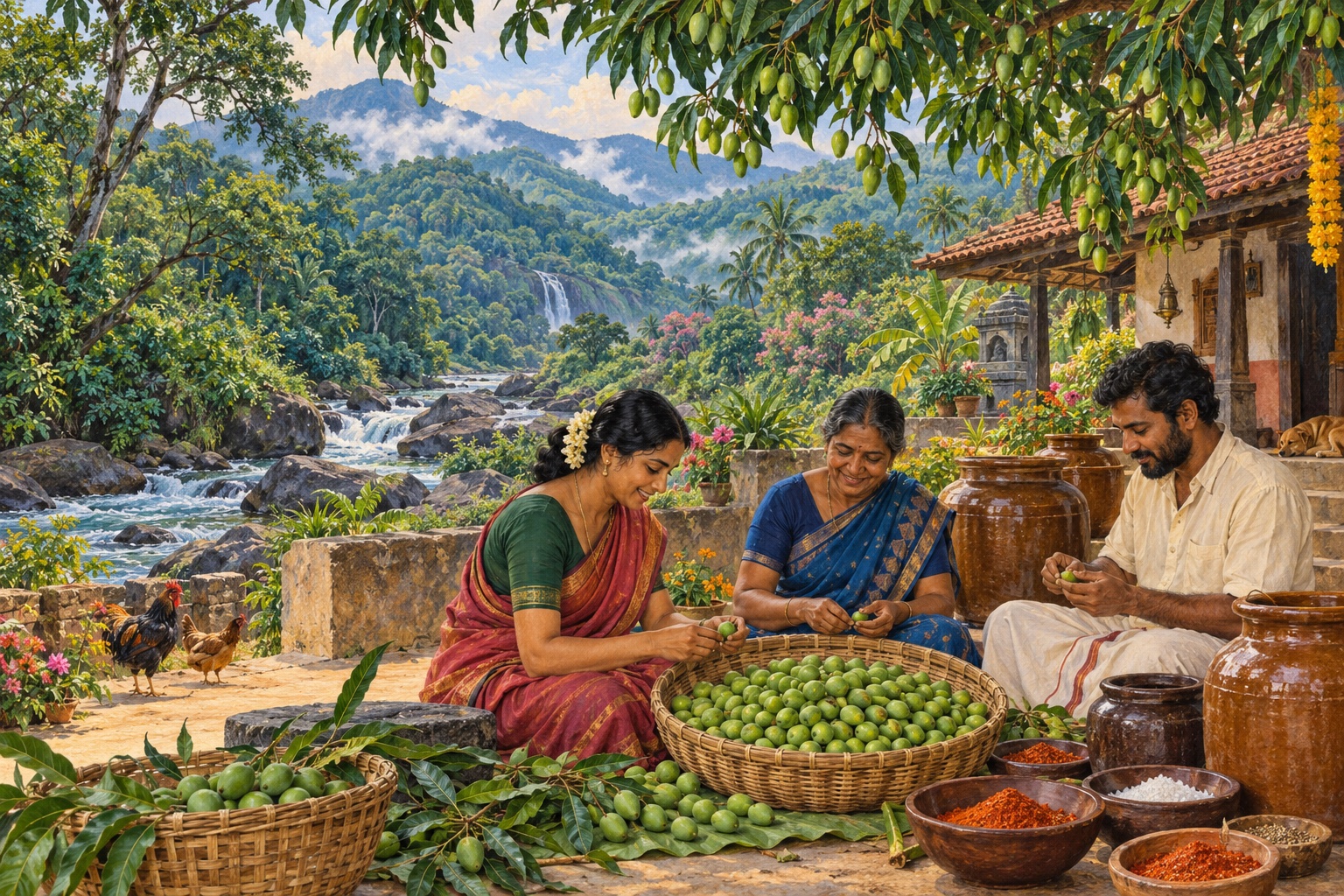 People gather small green mangoes near a forest river and prepare pickle in a Karnataka courtyard.