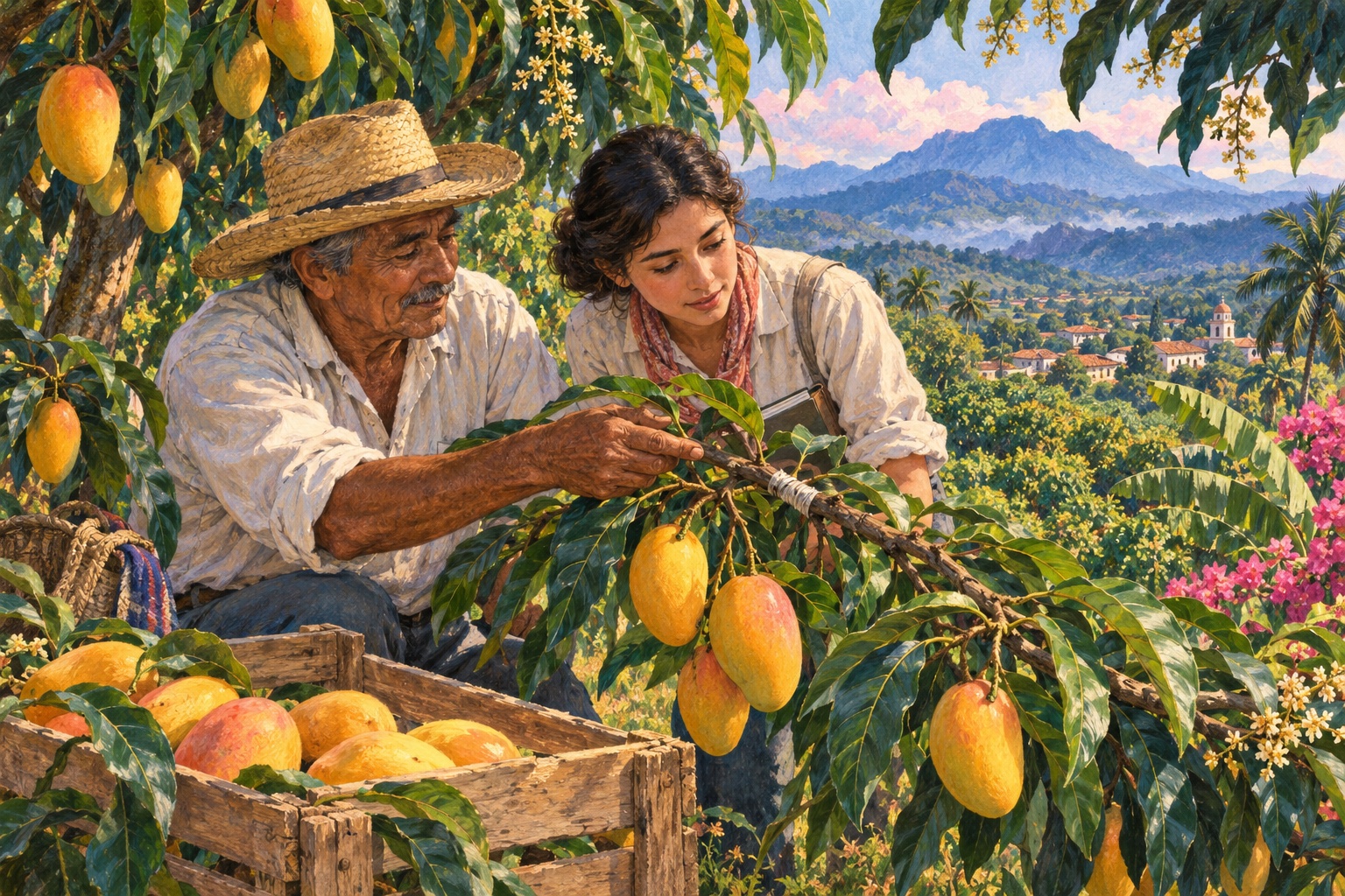 Two people examine golden mangoes and a grafted branch in an illustrated Chiapas orchard.