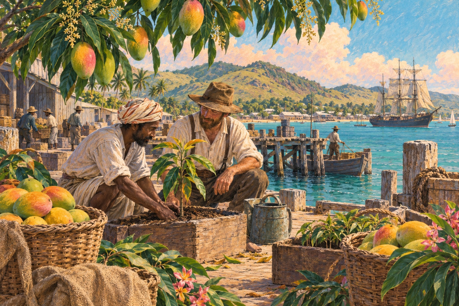 A wooden sailing ship, fruit baskets and gardeners with a mango seedling at an illustrated Queensland harbour.