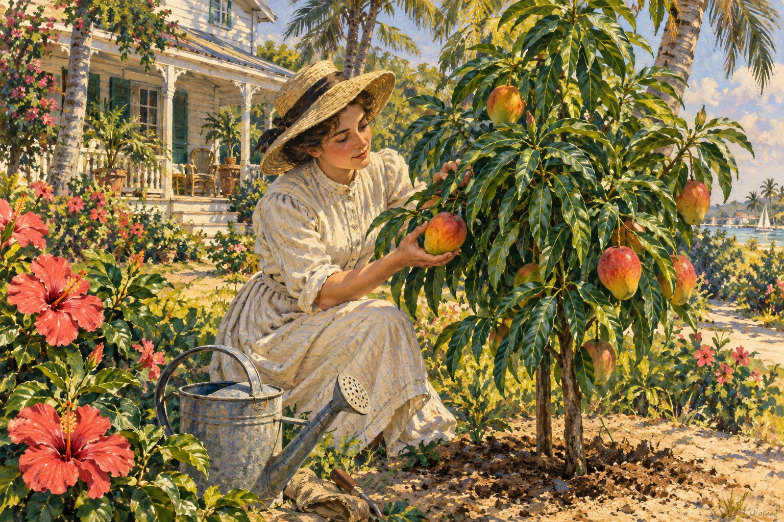 A woman tends a young mango tree in a sunlit early twentieth-century Florida garden.