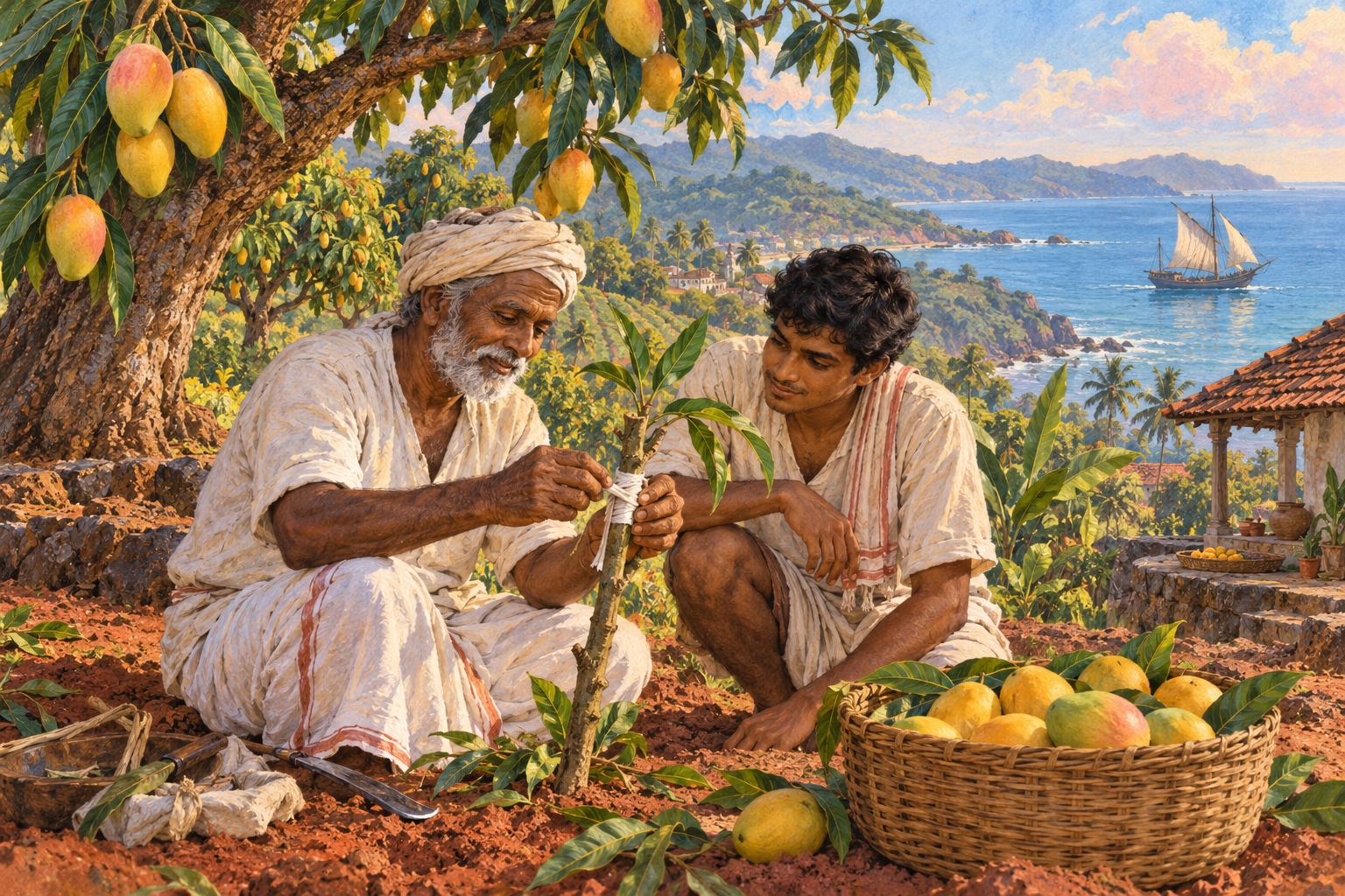 Two orchard workers graft a mango branch above a red-soil Konkan coast with a sailing boat offshore.