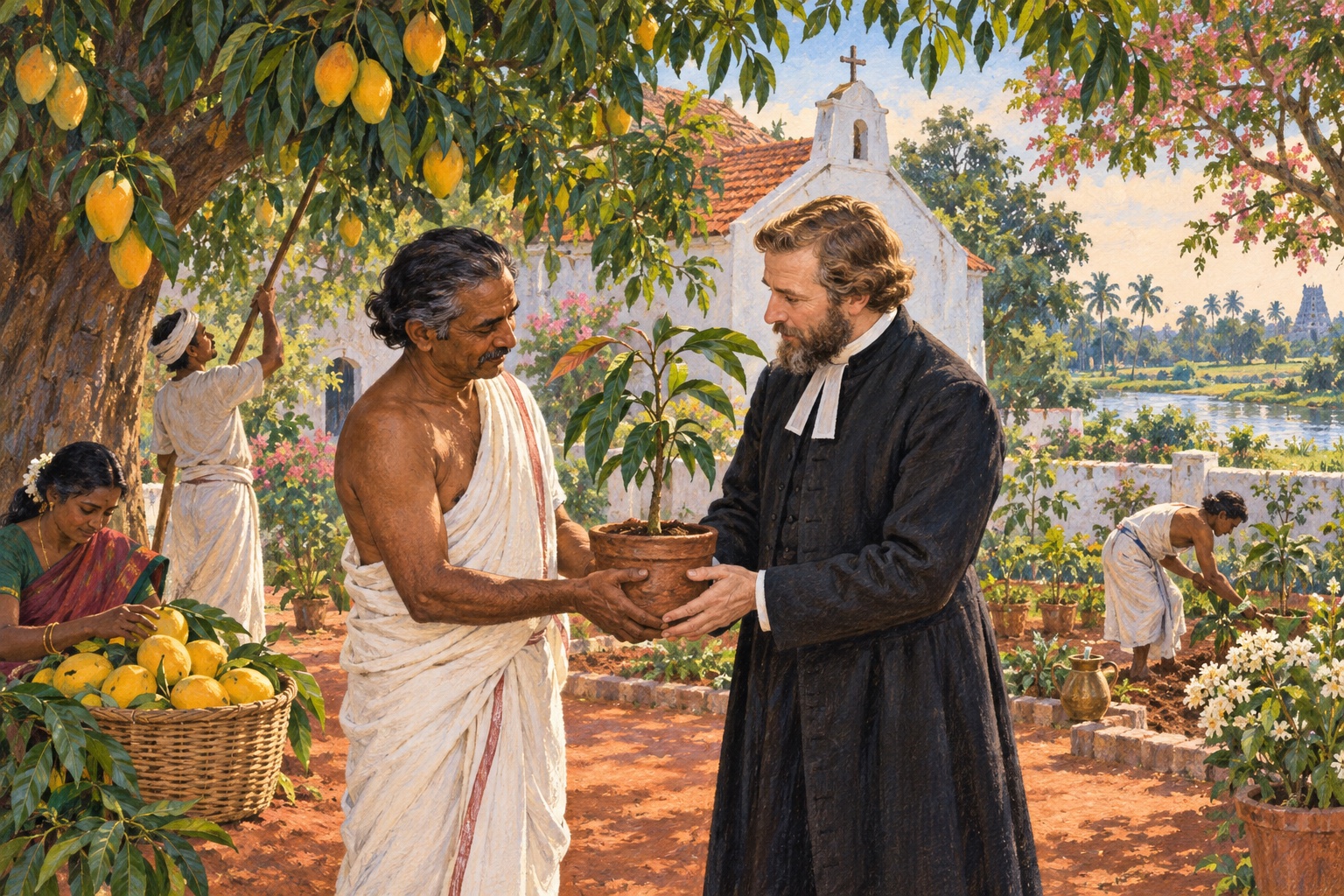 An illustrated Tamil gardener sharing a mango sapling with a German missionary in a church garden in Tamil Nadu.